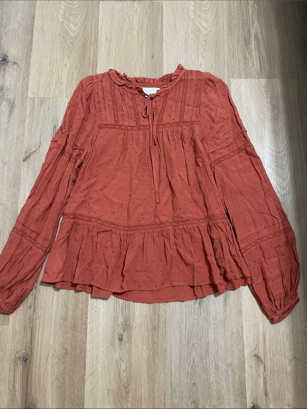 LOFT Rust Orange Ruffle Peasant Blouse